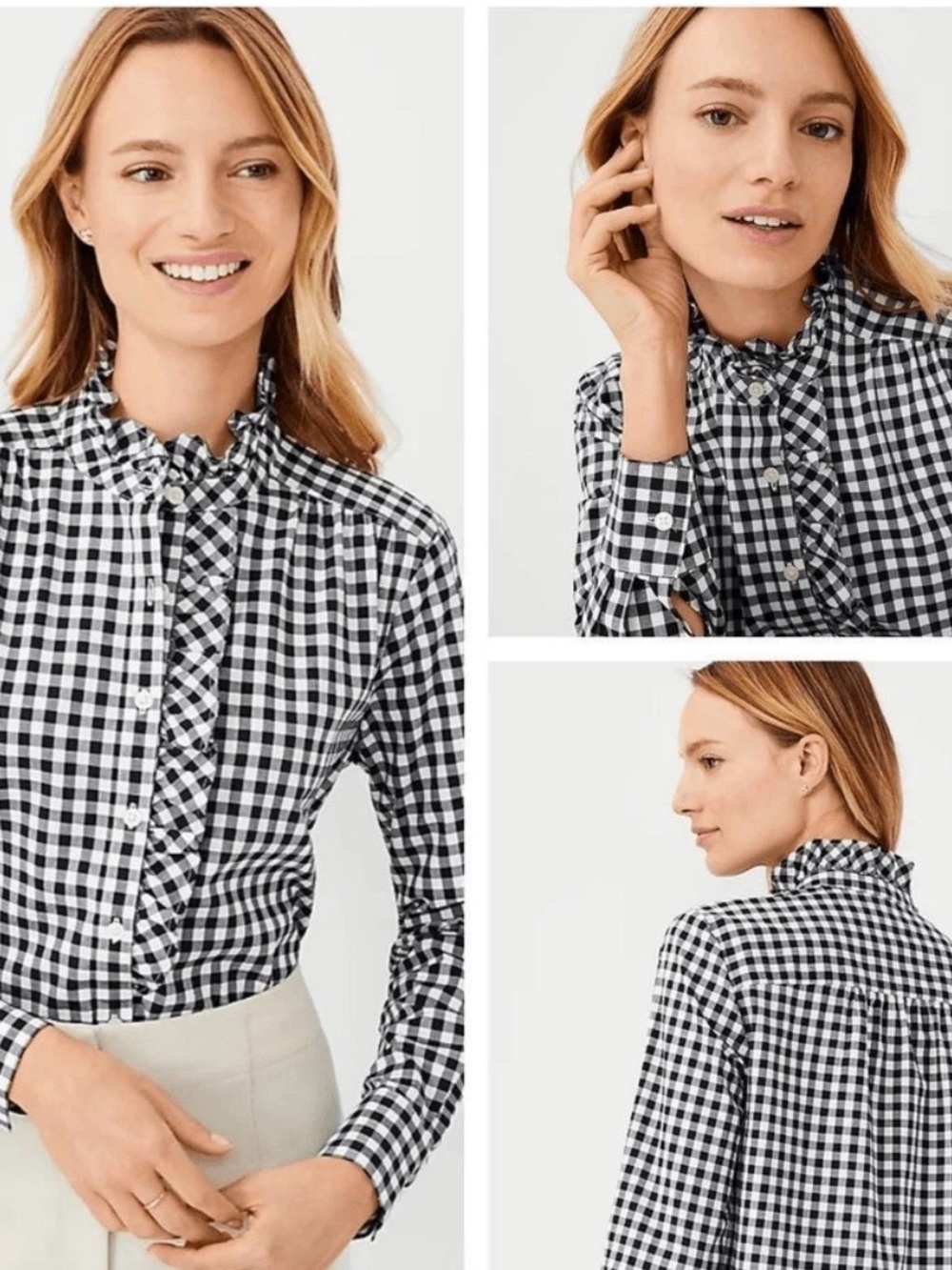 Ann Taylor Petite Black and White Gingham Ruffle Collar Button-Down Shirt - Picture 10 of 10